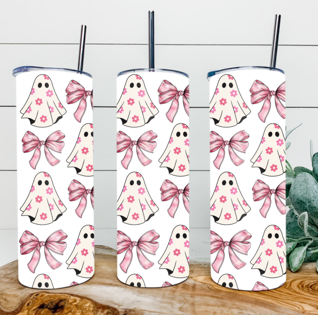 Pink Ghost Bow Tumbler w/ straw