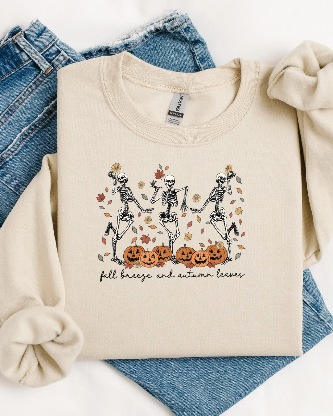 Fall Skeleton Crewneck Sweatshirt | Halloween Pumpkin & Autumn Leaves Sweater