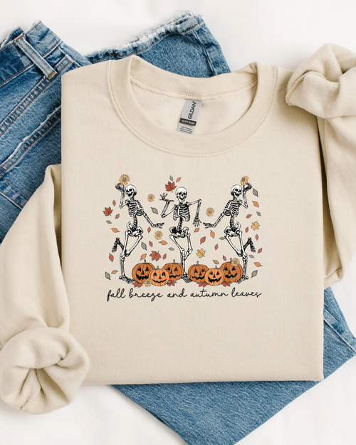 Fall Skeleton Crewneck Sweatshirt | Halloween Pumpkin & Autumn Leaves Sweater